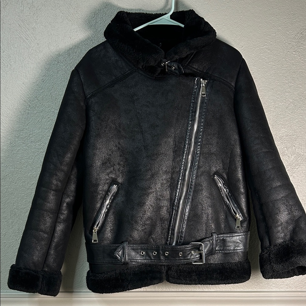 Women's Black Faux Leather Jacket with Belt